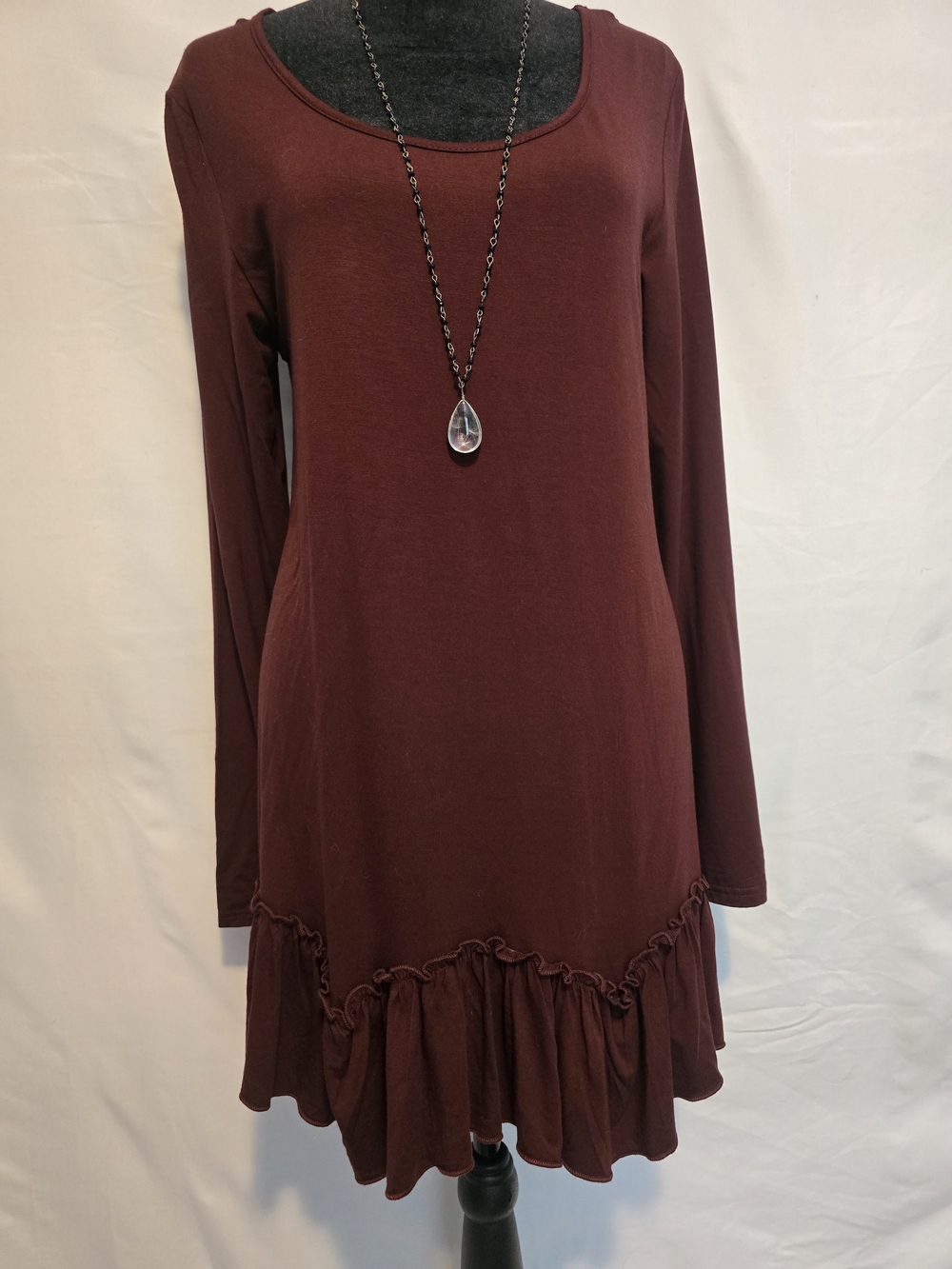Women's Long Sleeve Ruffle-Hem Dress - Wine